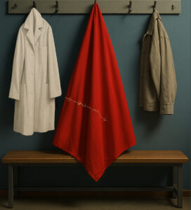 Visuel pour le spectacle Surface de réparation. Photo d'un porte-manteau sur lequel sont accrochés une blouse de médecin, une cape rouge recousue et une veste. 