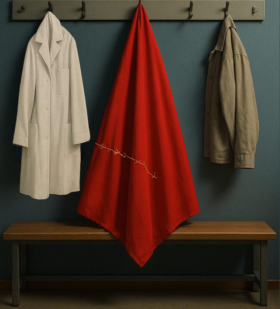 Photo d'un porte-manteau sur lequel sont accrochés une blouse de médecin, une cape rouge recousue et une veste. L'image représente le spectacle Surface de réparations